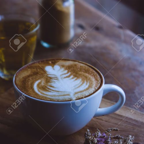106249969 coffee hot drink cappucino latte art on wood vintage table coffee time on wood background cafe